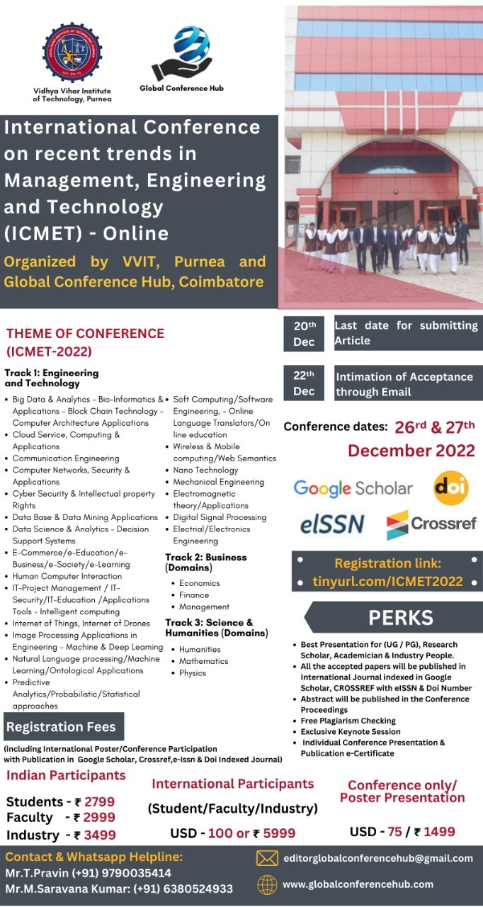 First International Conference on recent trends in Management, Engineering and Technology ICMET 2022